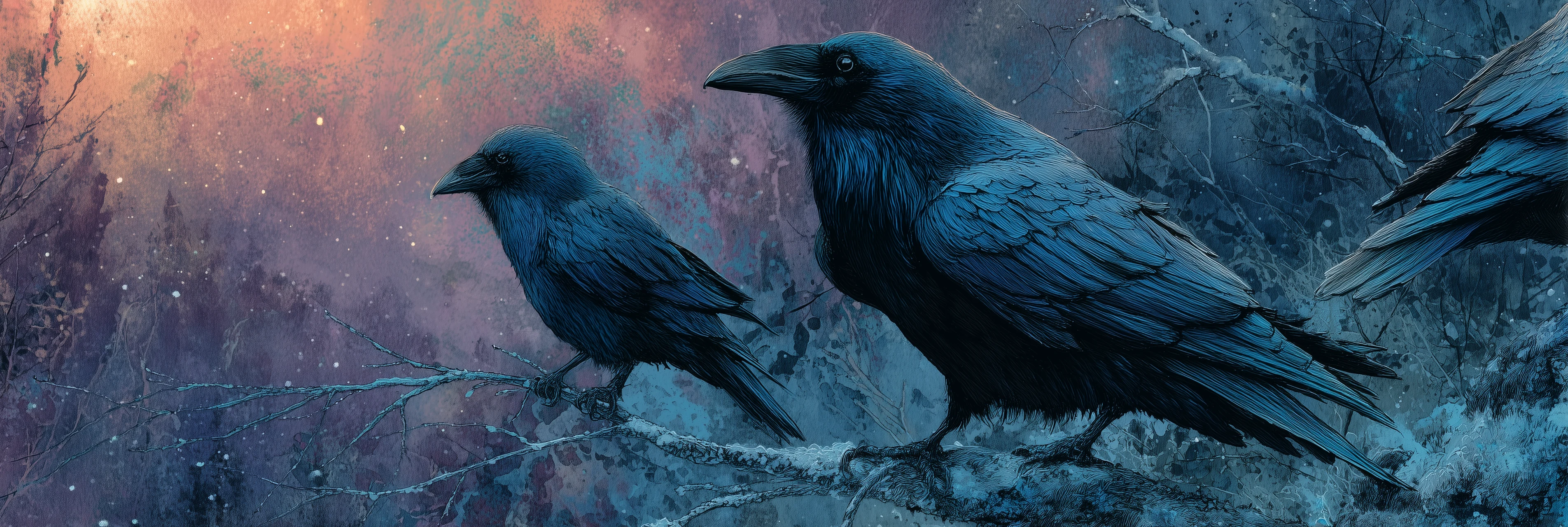 Målad illustration av två korpar på en snötäckt gren mot en blåviolett himmel med ett varmt ljussken i övre vänstra hörnet.